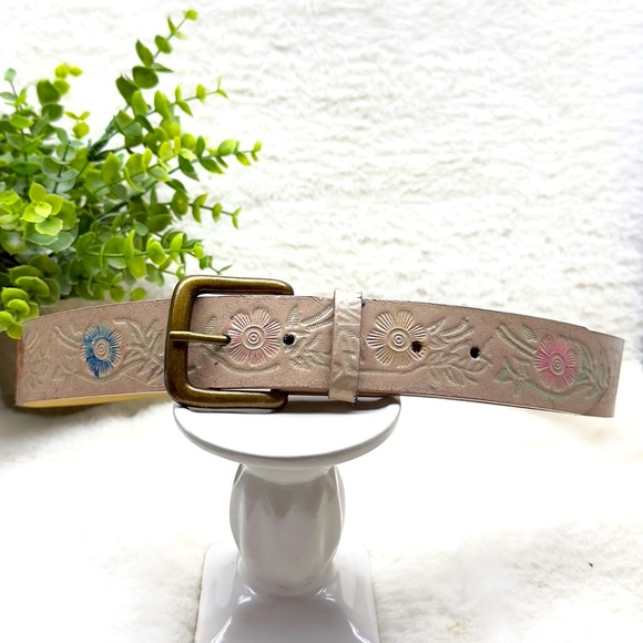 Accessories - Floral Embossed Belt - Cream with Pink and Blue Accents